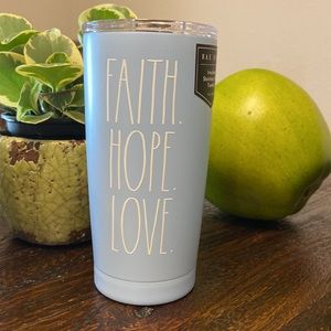 Rae Dunn Insulated Stainless Steel Tumbler with Lid says: Faith. Hope. Love.